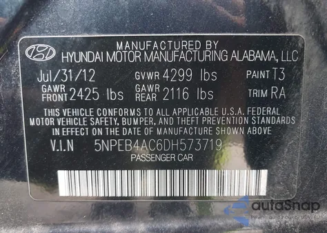 2013 Hyundai Sonata Gls z USA, uszkodzony, nr VIN 5NPEB4AC6DH573719